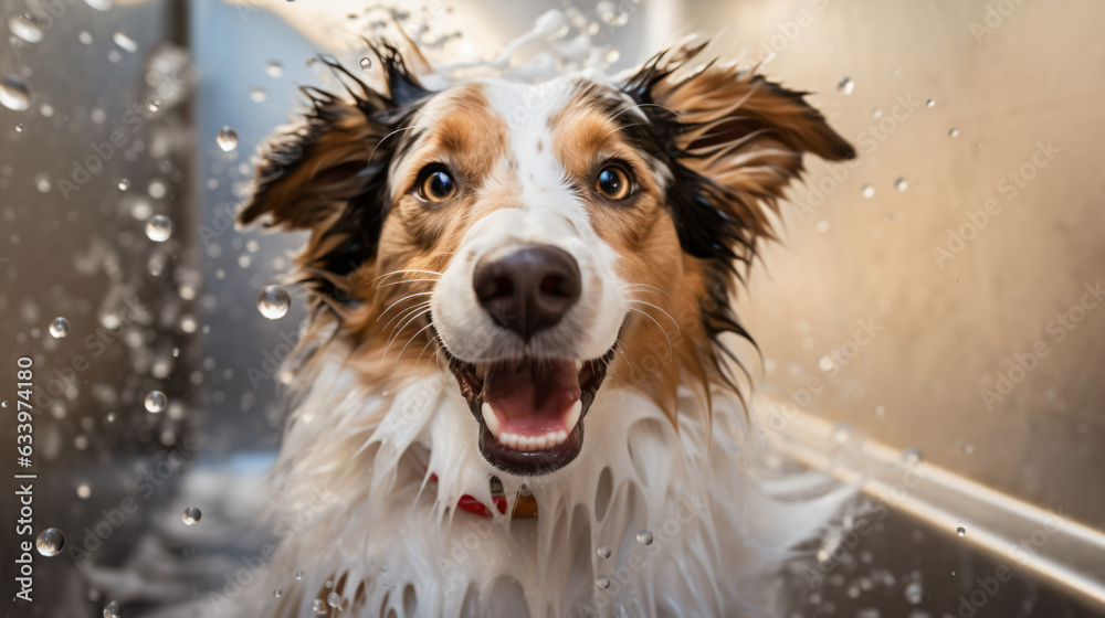 Clínica Veterinaria en Cantabria un perro dándose un baño