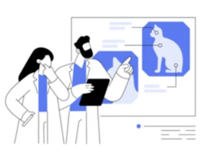 Dibujo de dos veterinarios revisando la radiografía de un gato